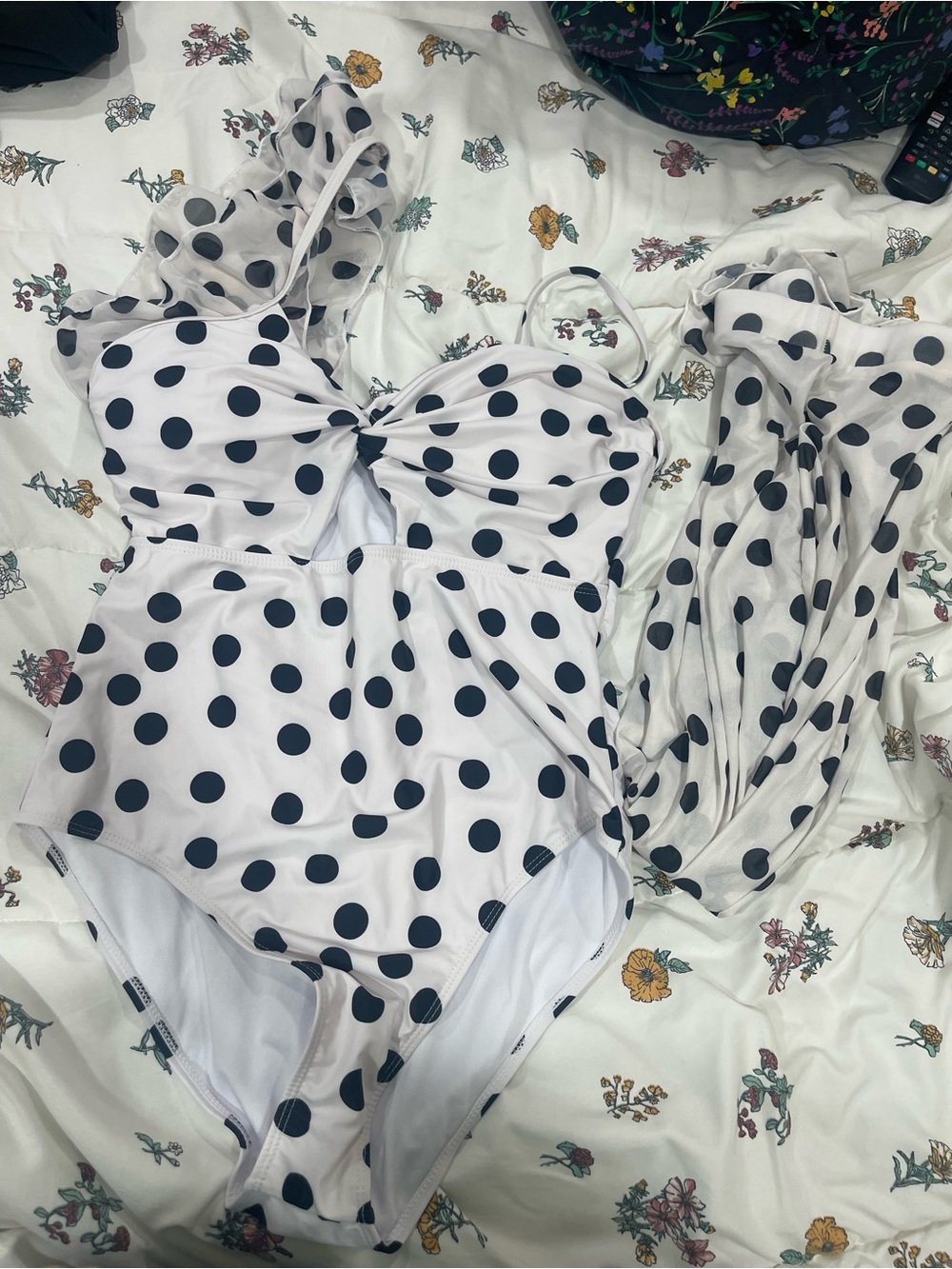 White One-Piece Swimsuit with Black Polka Dots